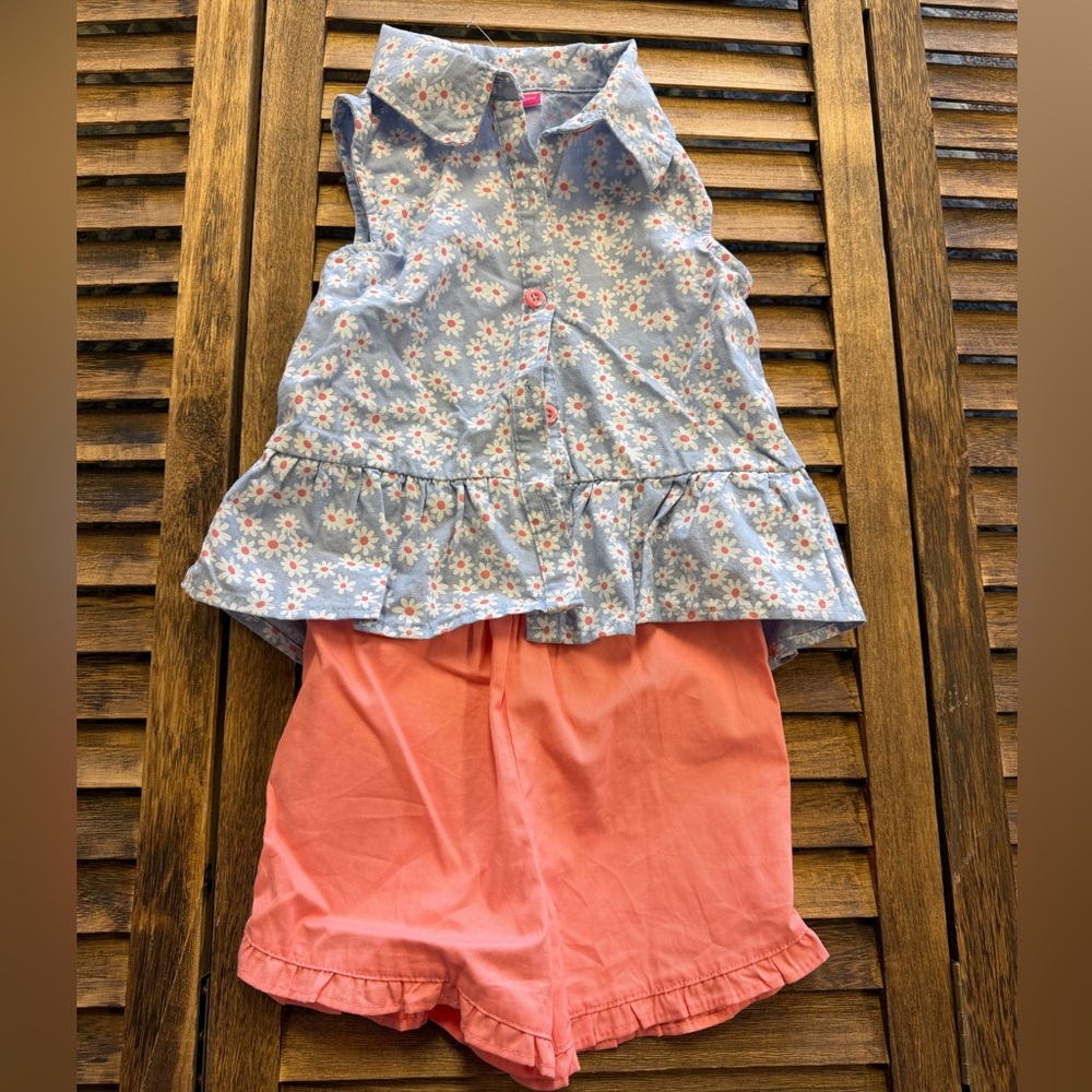 Penelope Mack Floral Blue Button Top and Coral Ruffle Shorts Set Girls Size 5